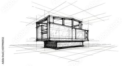 Hand drawn architectural concept sketch of a modern minimalist building structure with perspective grid lines for professional design planning