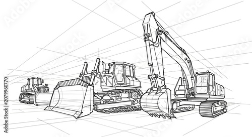 Architectural concept sketch of heavy construction vehicles including excavator and bulldozers