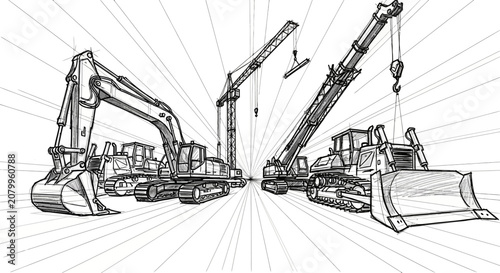 Line art illustration of construction heavy machinery, cranes, excavators, and bulldozers in perspective