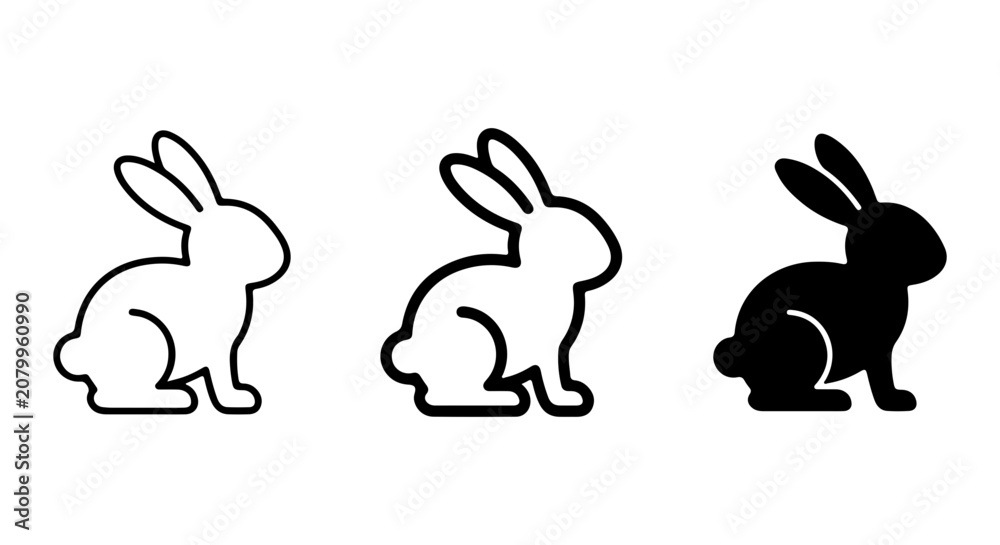 Fototapeta premium Minimalist Rabbit Icons, Simple Bunny Silhouettes, Black and White Hare Vector Graphics