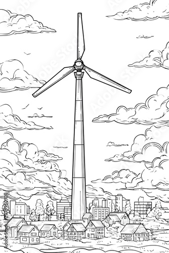 Wind turbines in the city coloring page.