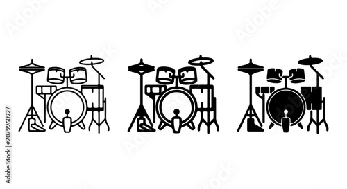 Fotografia Drum Kit Icons, Music Instrument Silhouettes, Percussion Set Vector Graphics, Ro