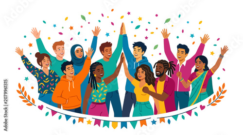 Diverse group of people celebrating together. International youth day celebration