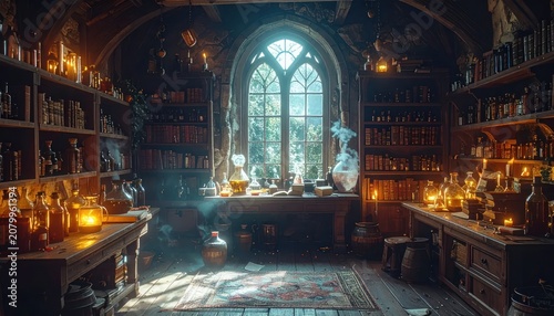 Enchanting alchemist study with potion bottles and books.
