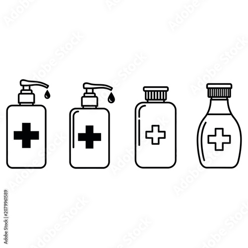 Schilderij op canvas Four black and white line art medical bottle icons displaying hygiene products f