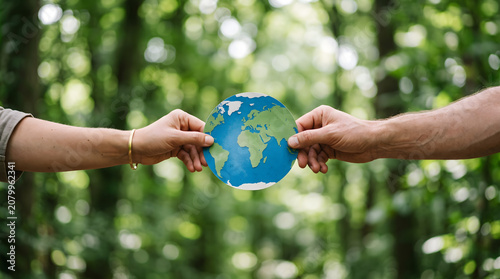 Two persons hands holding small globe in forest with green trees and natural light