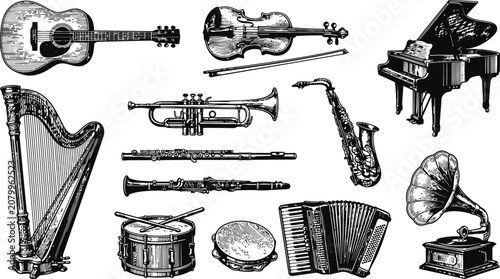 Canvas Print Vintage musical instruments arranged in a classic composition with detailed line