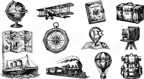 Foto Vintage travel icons in a grid with globe airplane passport suitcase compass map