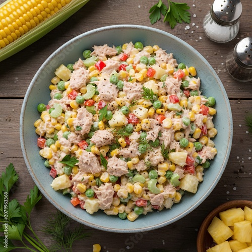 Top-down view of a colorful tuna salad in a rustic ceramic bowl. Ingredients include tuna chunks, corn kernels, peas, celery, red bell pepper, and potato pieces. The salad is garnished with parsley.