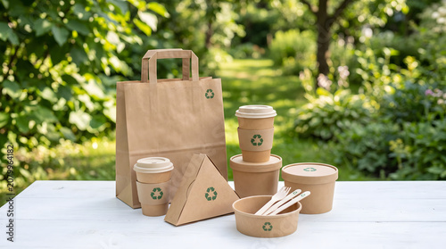 Eco friendly disposable paper coffee cups containers and bags on white table in green garden outdoor setting