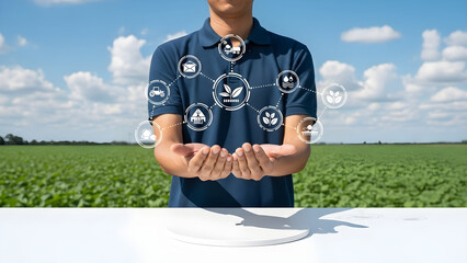 Man holding icons above plate in green field on sunny day