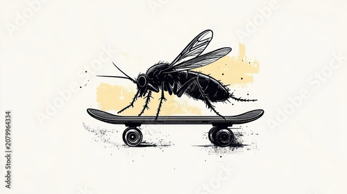 ink sketch of a giant fly riding a skateboard with visible wheels, wings and antennae against a grunge yellow paint splash, playful and rebellious