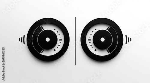 minimalist black twin turntable icons with central discs, tick markers, small sound wave lines and a vertical divider on a clean white background, modern balanced mood