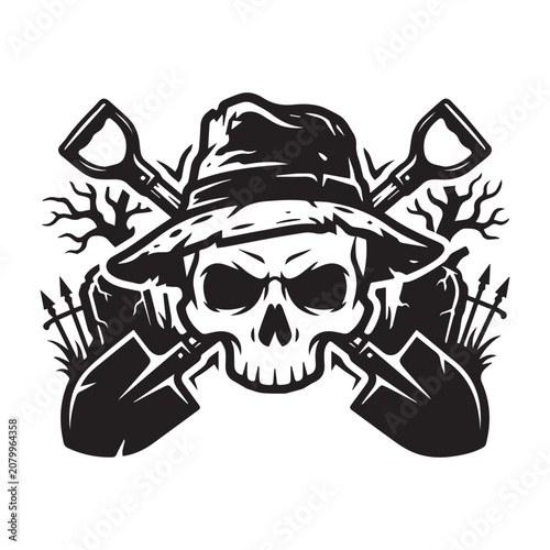 Vintage skull in hat with crossed shovels and graveyard emblem.