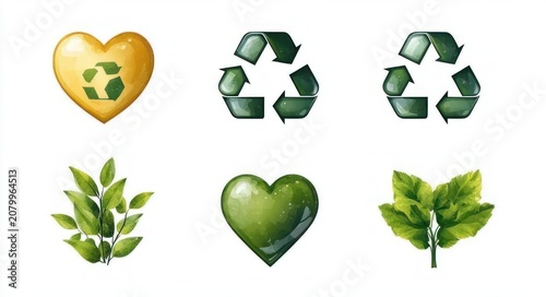 Six eco-themed icons: two recycling arrow emblems, two glossy hearts (green and gold with recycle mark), and two leafy branch illustrations conveying care and sustainability