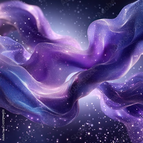 Ethereal flowing purple silk ribbons dotted with stardust, glowing cosmic fabric conveying dreamy mystical motion and serene wonder