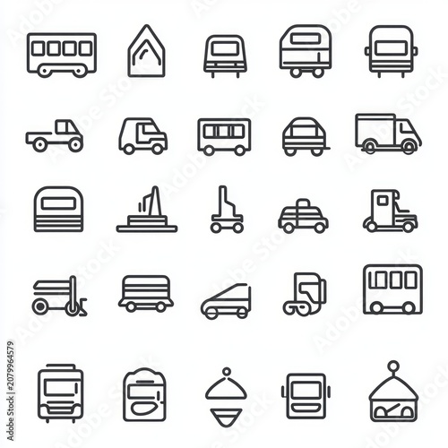 orderly grid of monochrome outline transportation icons showing buses, vans, cars, trucks, scooters, trailers and utility vehicles on a clean white background, evoking simplicity and clarity