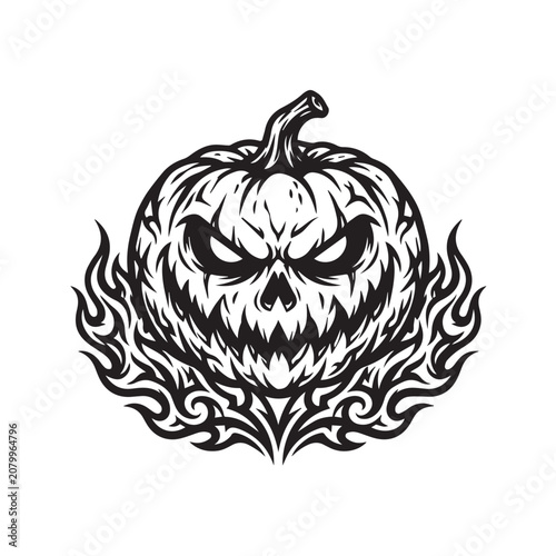 Vintage black and white illustration of a scary jack o lantern pumpkin with fire flames.
