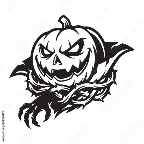 Vector illustration of a scary pumpkin with a cloak and claws for Halloween.