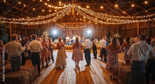 Couples and guests dancing under warm string lights in a rustic barn with hay bale seating, a live band on stage, wooden floor and joyful festive atmosphere