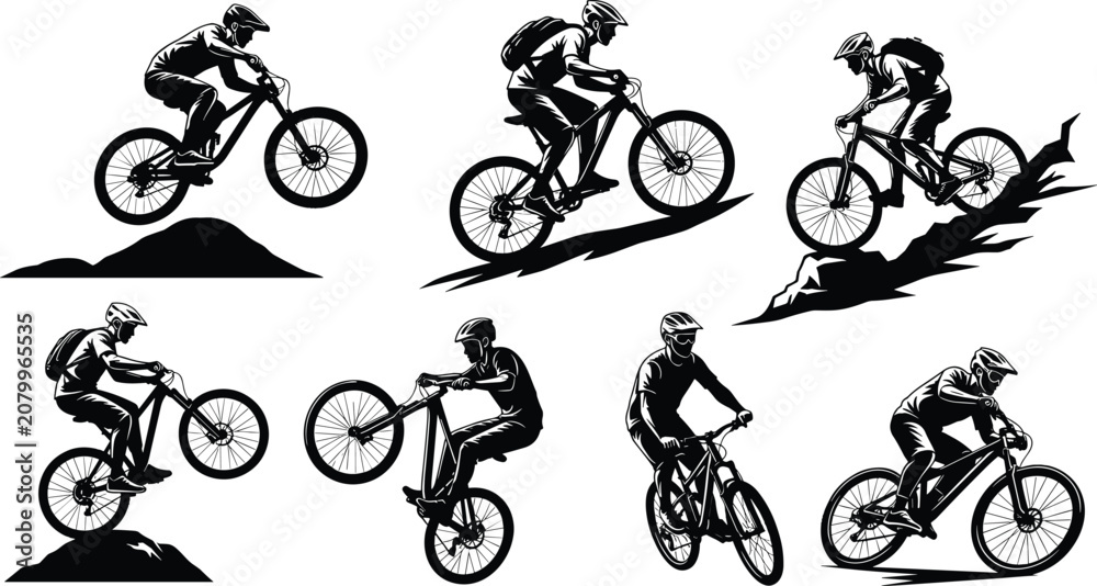 Obraz premium Mountain biking silhouettes, downhill cyclists, extreme trail riding, bike jumps, off-road cycling, adventure sports, vector illustration