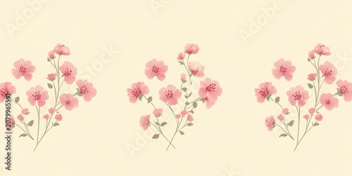 Three delicate sprigs of pink blossoms with green leaves on a pale cream background, soft romantic and serene floral pattern