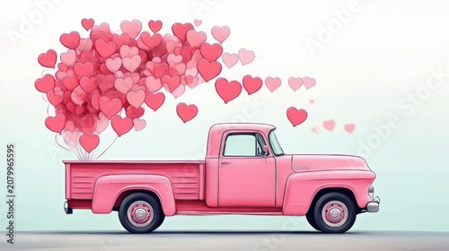 pink vintage pickup truck with a cluster of floating heart shaped balloons against a soft pastel background, whimsical romantic joyful scene