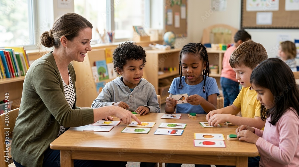 Obraz premium A smiling female teacher guides a diverse group of young children in a classroom activity, pointing at cards on a wooden table.