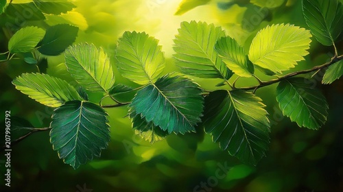 Sunlit green serrated leaves on a slender branch against a soft glowing forest background, peaceful and refreshing mood