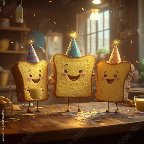 three smiling slices of toast wearing party hats, one holding a mug, confetti and sparkles on a wooden kitchen table with a glass of juice nearby, warm sunlight and joyful expressions
