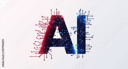 Bold glowing AI letters made of red and blue circuit traces with illuminated nodes on a clean gradient background, evoking futuristic innovation and dynamic technological energy