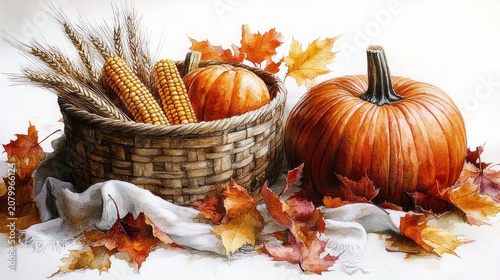 warm autumn harvest still life with two pumpkins, wicker basket of corn and wheat, scattered fall leaves and white cloth conveying a cozy seasonal mood