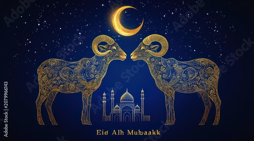 Two ornate golden rams facing each other beneath a glowing crescent moon above a mosque silhouette on a starry deep blue sky, festive and reverent greeting text below