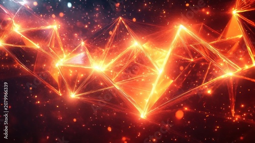 fiery glowing triangular network of light and sparks against a dark cosmic background, energetic and dynamic