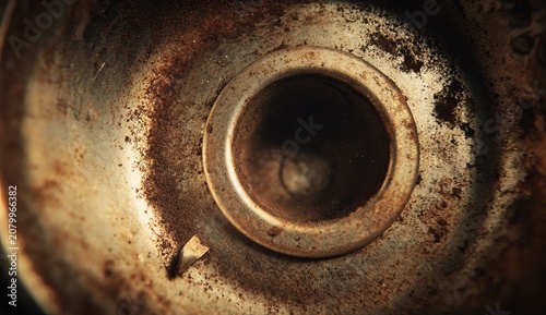 Close-up of a Rusty Metal Drain with Circular Opening and Textured Surface.