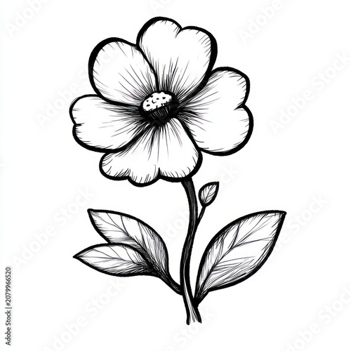 Delicate black ink sketch of a single five-petaled flower with dotted center, slender stem, small bud and two textured leaves, evoking calm cheerful simplicity