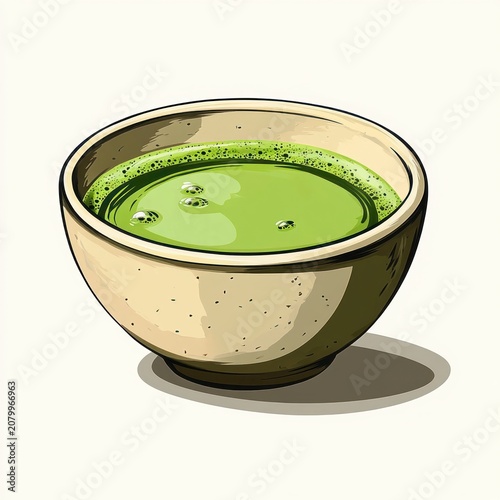 soothing ceramic bowl of frothy vivid green matcha tea with soft shadow on a pale background