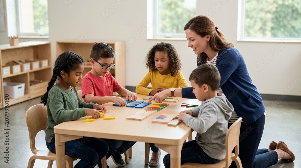 Fototapeta premium Diverse young children learning with a female teacher in a bright classroom setting.