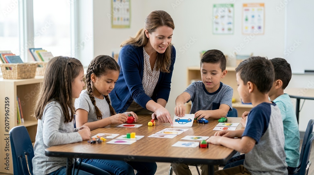Obraz premium A smiling female teacher engages with five diverse young children at a table in a bright classroom, playing an educational game with cards and colorful pieces.