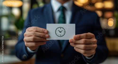 man in navy suit holding a white card with a green clock icon, conveying punctuality, professionalism and confident time management