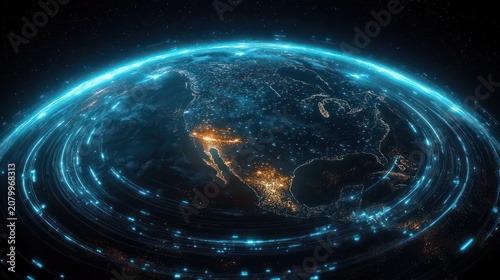 Glowing Earth over North America at night with illuminated cities and swirling blue data rings suggesting global connectivity and futuristic wonder