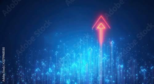 neon red arrow rising above a field of glowing blue digital arrows and particles, futuristic sense of progress and optimistic upward momentum