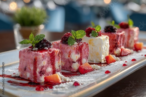 Elegant Berry Dessert Squares with Mint Garnish on Platter.