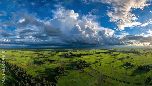 Expansive Green Landscape Under a Dramatic Sky - A Panoramic View.
