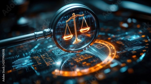 Magnifying glass revealing glowing golden scales of justice hovering over a futuristic blue and orange digital circuit board, conveying scrutiny and investigative focus