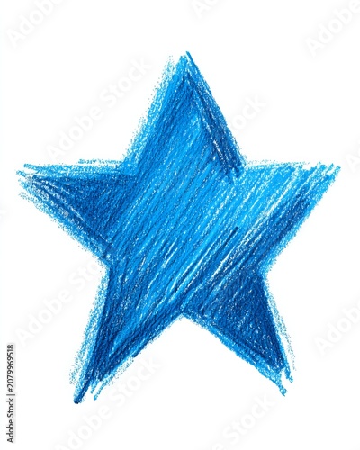Hand-drawn blue star with textured crayon effect on white background.