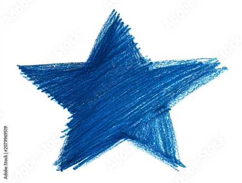 Hand-drawn blue star with textured crayon effect on white background.