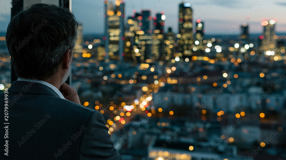 Fototapeta premium Businessman Looking at City Skyline at Night Thinking