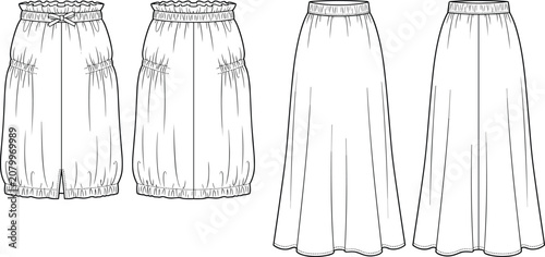 Tableau sur toile Technical fashion flat sketch of women long maxi and midi bubble skirts vector t