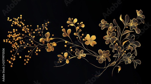elegant gilded floral vine with delicate leaves, small berries and stylized blossoms on a deep black background conveying luxury and refined serenity